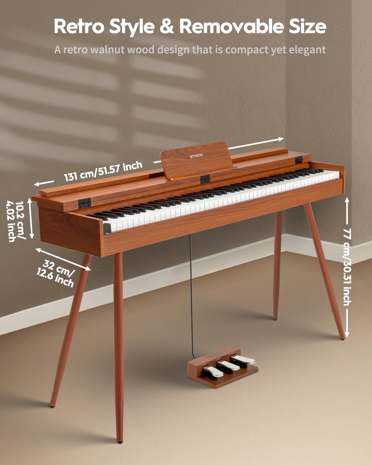 STRICH 88 Key Digital Piano, Hammer-Action Weighted Keyboard, Full Size Desk Cover Electric Piano Keyboard with Stand, 25Wx2 Speakers, Headphones, Three Pedal, SDP-350S(Color Mahogany) - Image 7
