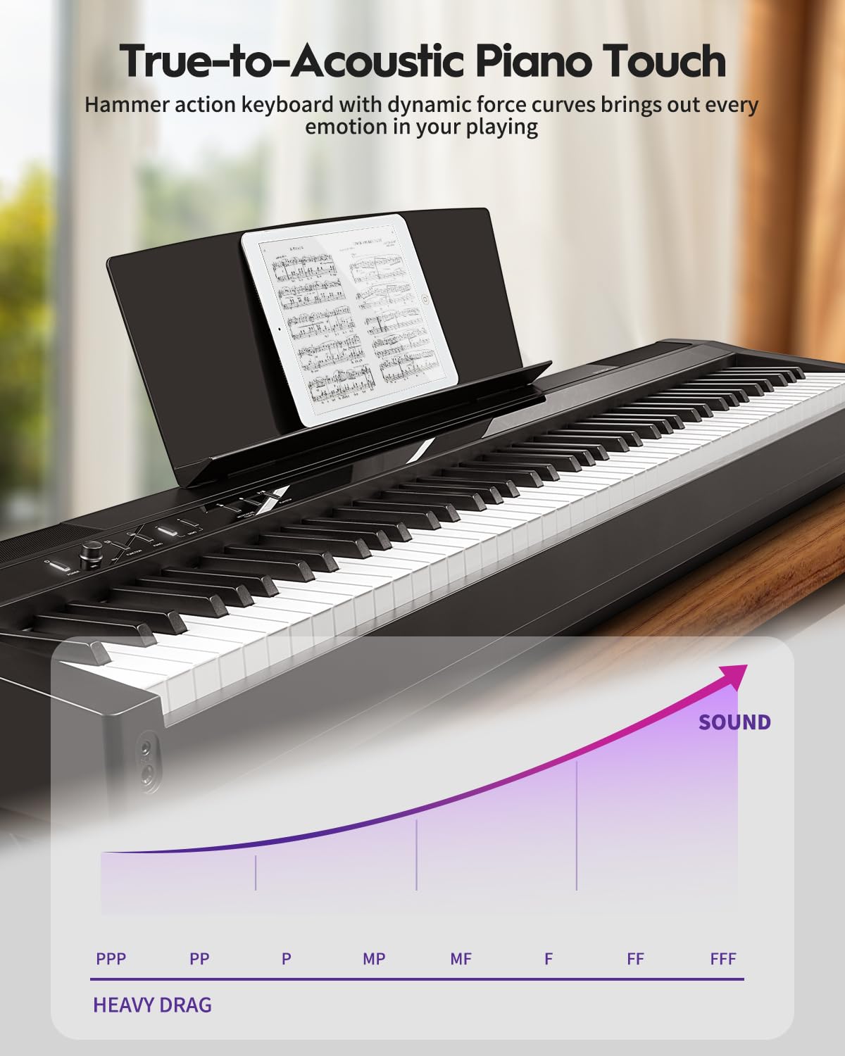 STRICH Digital Piano 88 Key Full Size Weighted Keyboard, Hammer-Action Portable Electric Piano For Beginner Adults, Bundle With Sustain Pedal, Piano Stickers, Music Rest, Black, SDP-P7 - Image 3