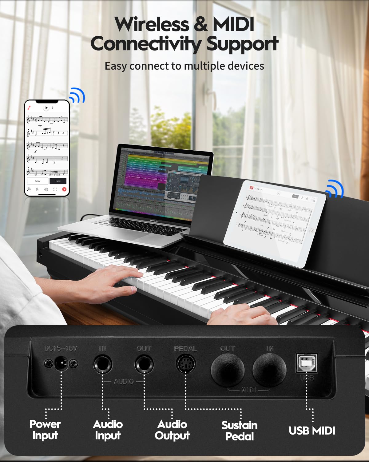STRICH Digital Piano 88 Key Full Size Weighted Keyboard, Hammer-Action Portable Electric Piano For Beginner Adults, Bundle With Sustain Pedal, Piano Stickers, Music Rest, Black, SDP-P7 - Image 5