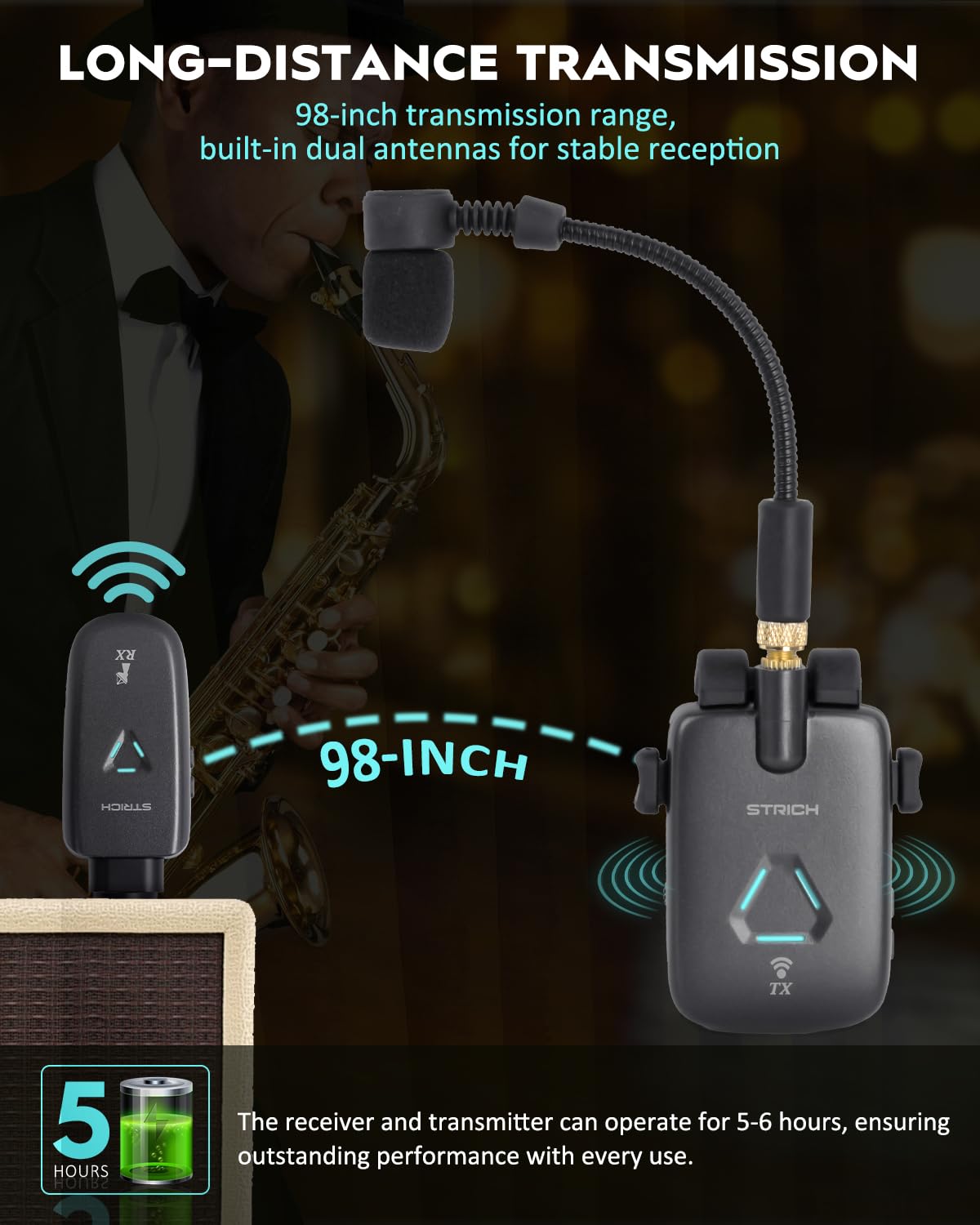 STRICH UHF Rechargeable Wireless Instrument Microphone System with Clip-on Transmitter & Receiver, 99ft Range, Reverb OTG Recording, for Trumpet, Trombone, Saxophone & Brass Instruments - Image 6