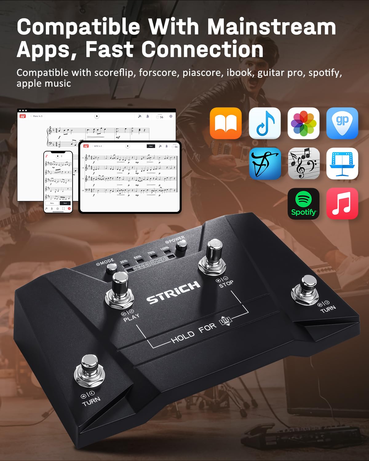 STRICH Wireless Page Turning Pedal 3.0 for Rock Musician, Compatible with Windows, Android, macOS HarmonyOS, with Type-C Charging Port, Supports for Tablets and Computers, Non-silent Pedal, SPT-30 - Image 5