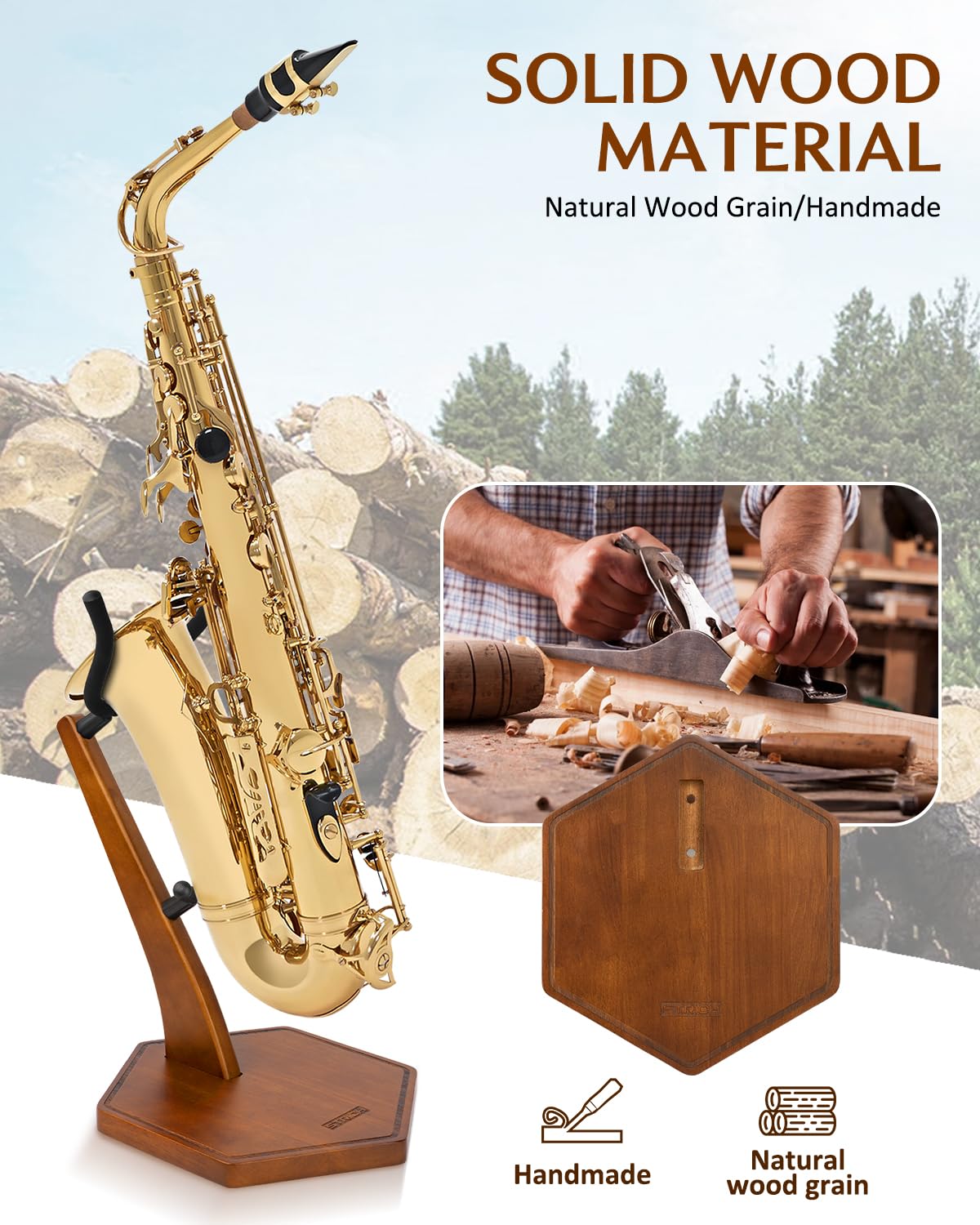 STRICH Wooden Saxophone Stand Display For Alto Tenor Sax, Handmade Solid Wood Floor Stand Holder Colour Walnut, Weighted Heavy Base (FH-4, Sax) - Image 3